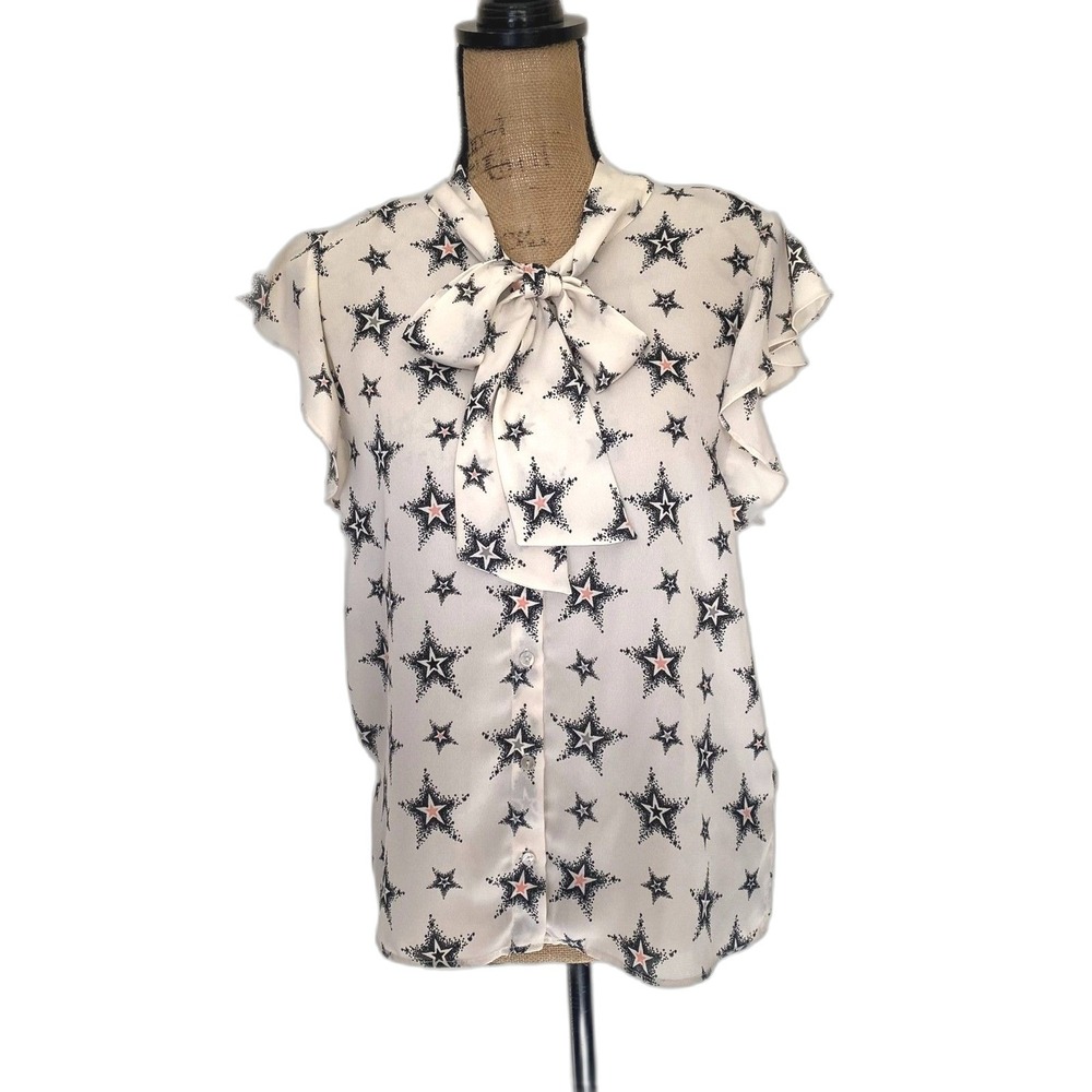 Zara‎ Basic Tie Neck Blouse Star Print Flutter Sleeve Spring Office Size Small